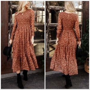 Bohme Cornelia Smocked Tiered Maxi Dress in Rust